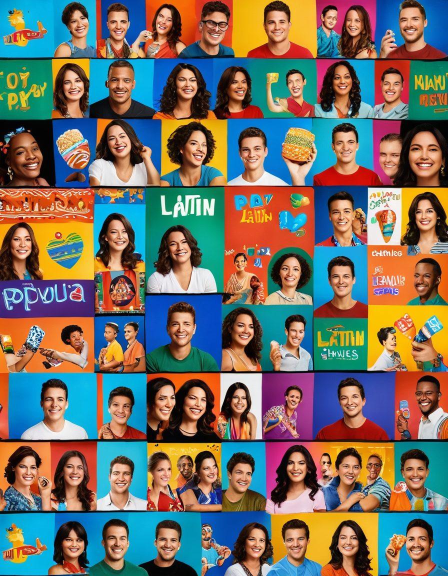 A vibrant collage of joyful people watching Latin Pay-Per-View services with big smiles, surrounded by colorful screens displaying cultural events, sports, and movies. Include elements of streaming icons and traditional Latin decorations like papel picado and maracas in the background. Bright and lively colors to evoke excitement and entertainment. super-realistic. vibrant colors. 3D.