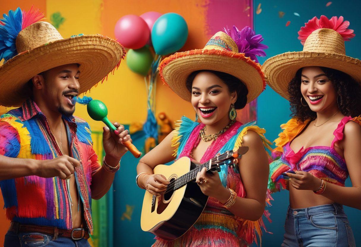 A vibrant collage showcasing the essence of Latin entertainment, featuring live music performances, colorful maracas, a lively salsa dance scene, and iconic cultural symbols such as a piñata and a sombrero. The background should blend dynamic urban nightlife with a cozy home setting where on-demand streaming occurs. Incorporate bold, lively colors to evoke joy and excitement. super-realistic. vibrant colors. 3D.